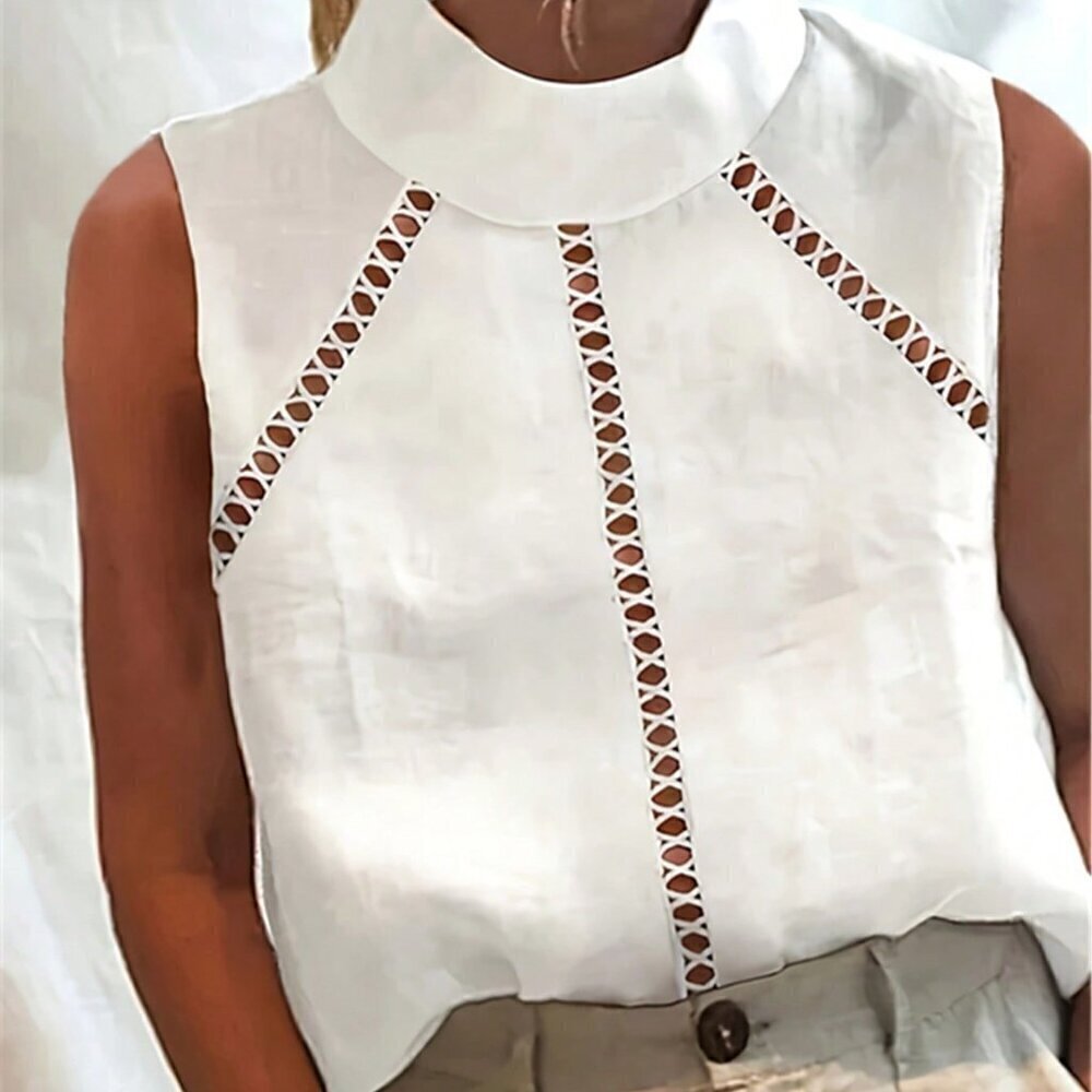 White Elegant Women's High Collar Sleeveless Loose Lace Trim Blouse